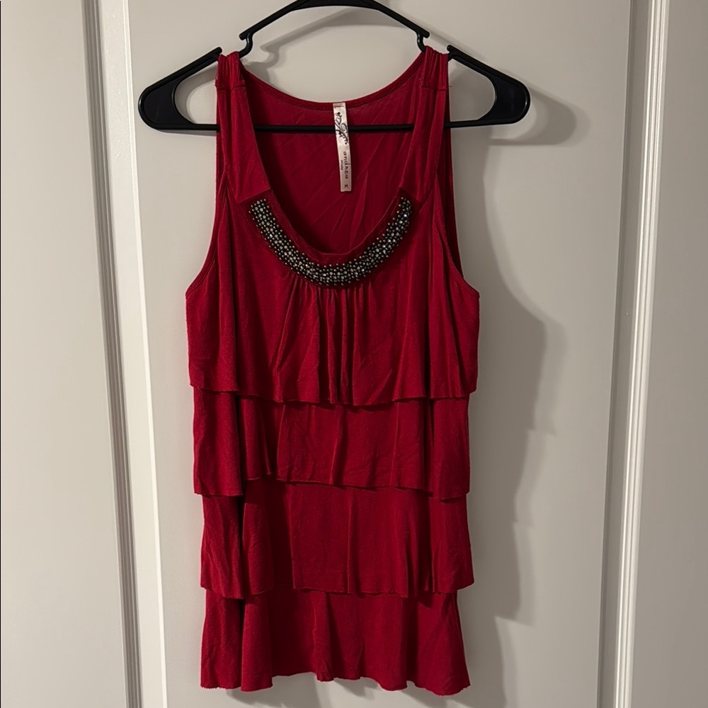ANDREA FENZI Red Tank Top with Tiered Design and Embellished Neckline